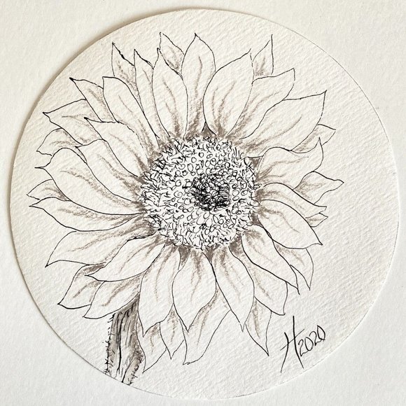 Sunflower Mood - Original Art Round Handmade Pen Pencil Painting Framed 7" - Picture 1 of 6